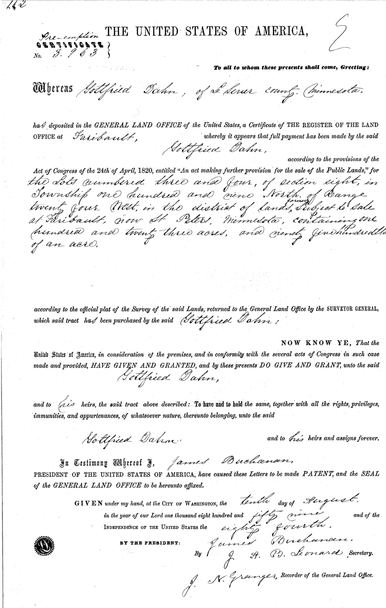 Text of a land patent from 1859