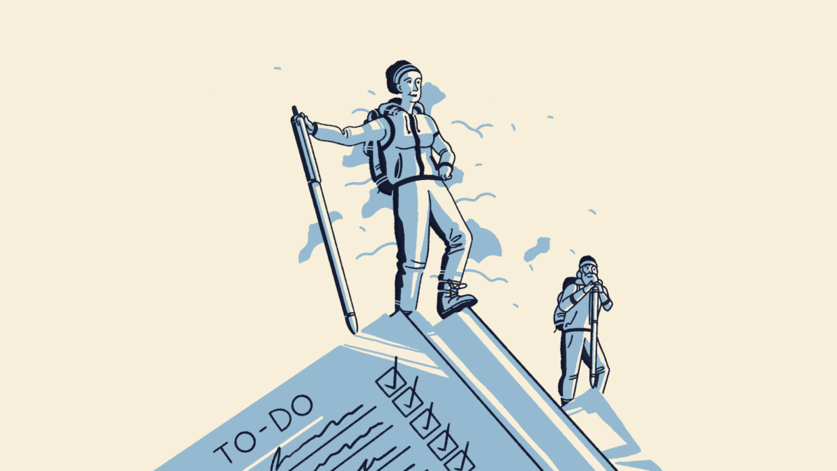 illustration of a person climbing a mountain that looks like a to-do list
