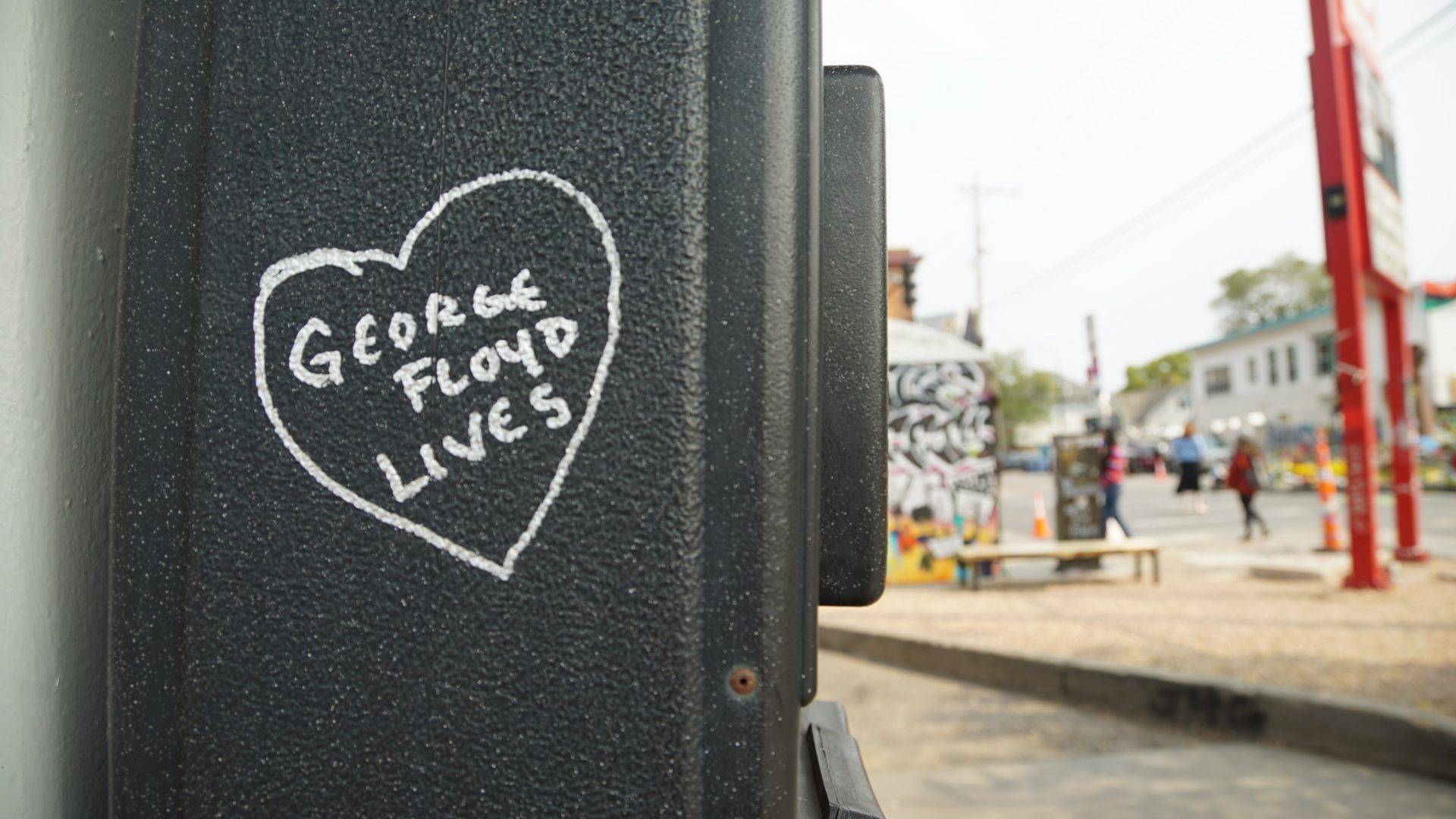 A heart drawn with a marker reads, “George Floyd Lives” at a Speedway Gas Station at the intersection of 38th Street and Chicago Avenue on Sept. 20, 2020.
