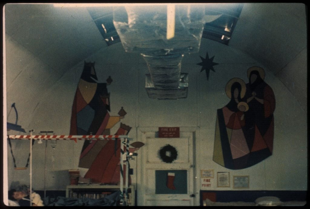 Nativity scene plastered onto an interior wall of the hospital.