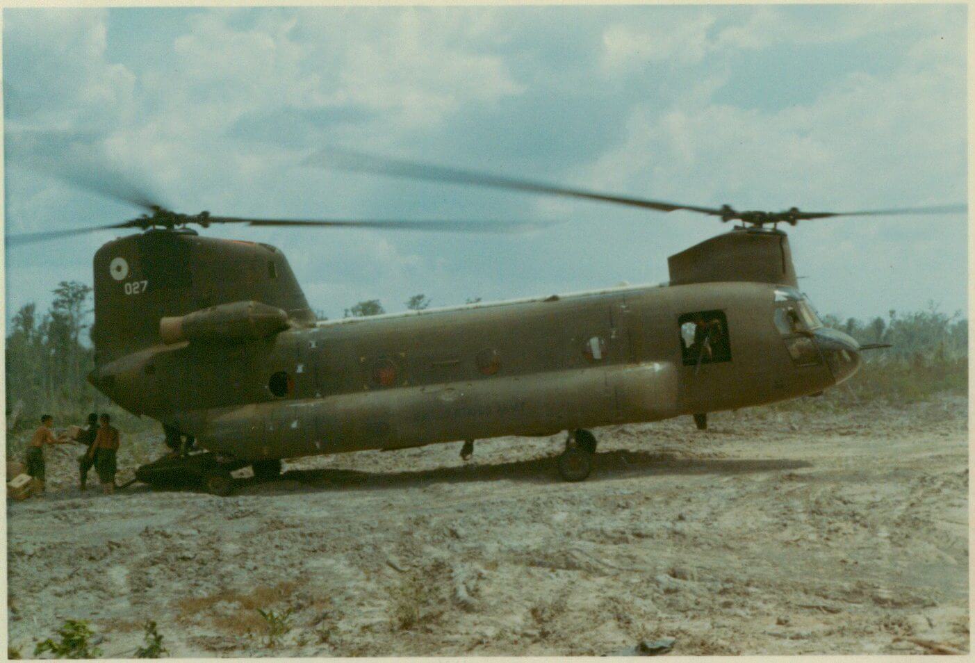 A Chinook helicopter on the ground.
