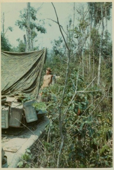 An encampment in the jungle.