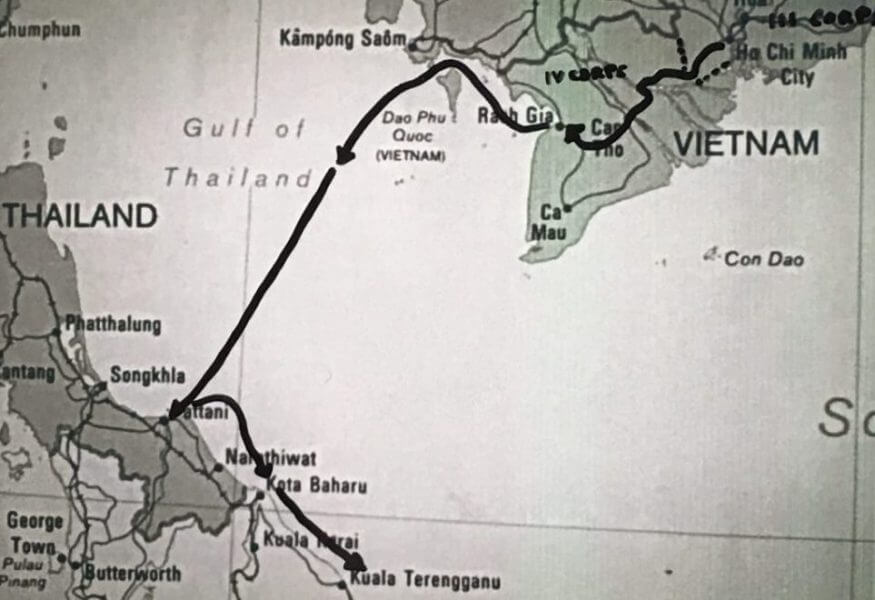 Black and white map of Vietnam, Gulf of Thailand, Thailand with arrows detailing escape route.