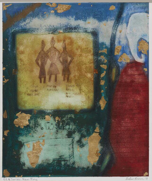 Abstract artwork with three figures, gold leaf.
