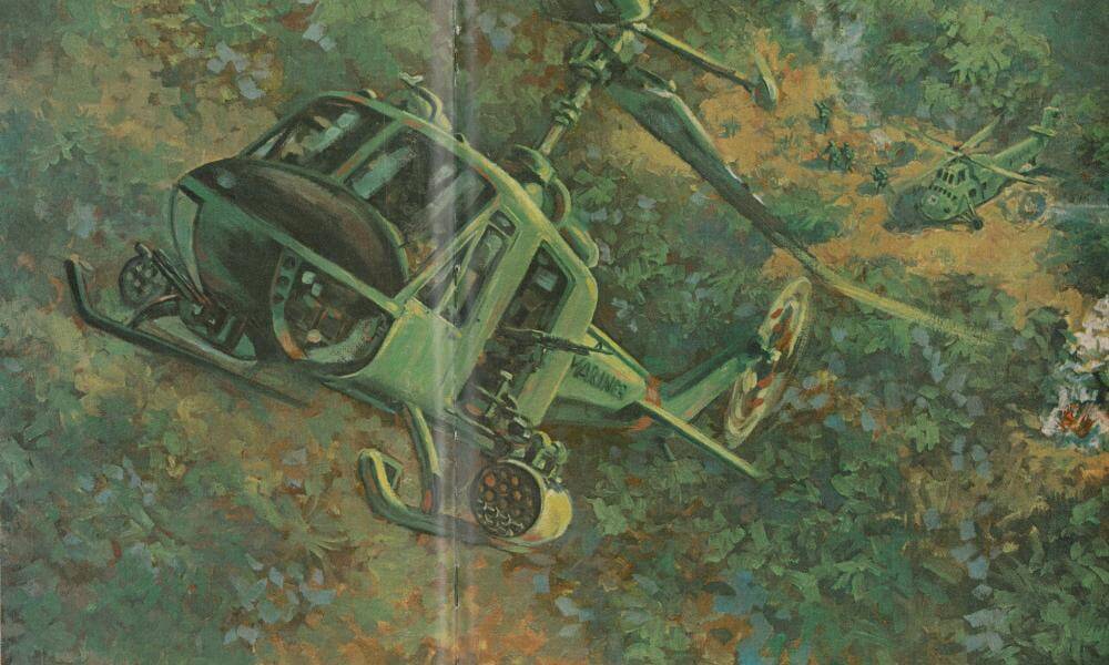 A painting of a USMC helicopter in the air, flying off at a steep angle.