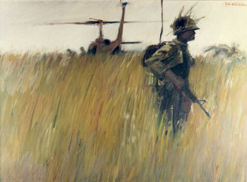 Painting of a G.I. in tall grass, helicopter off in the background.
