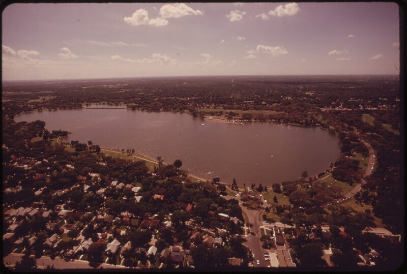 Aerial view of Minneapolis lake.