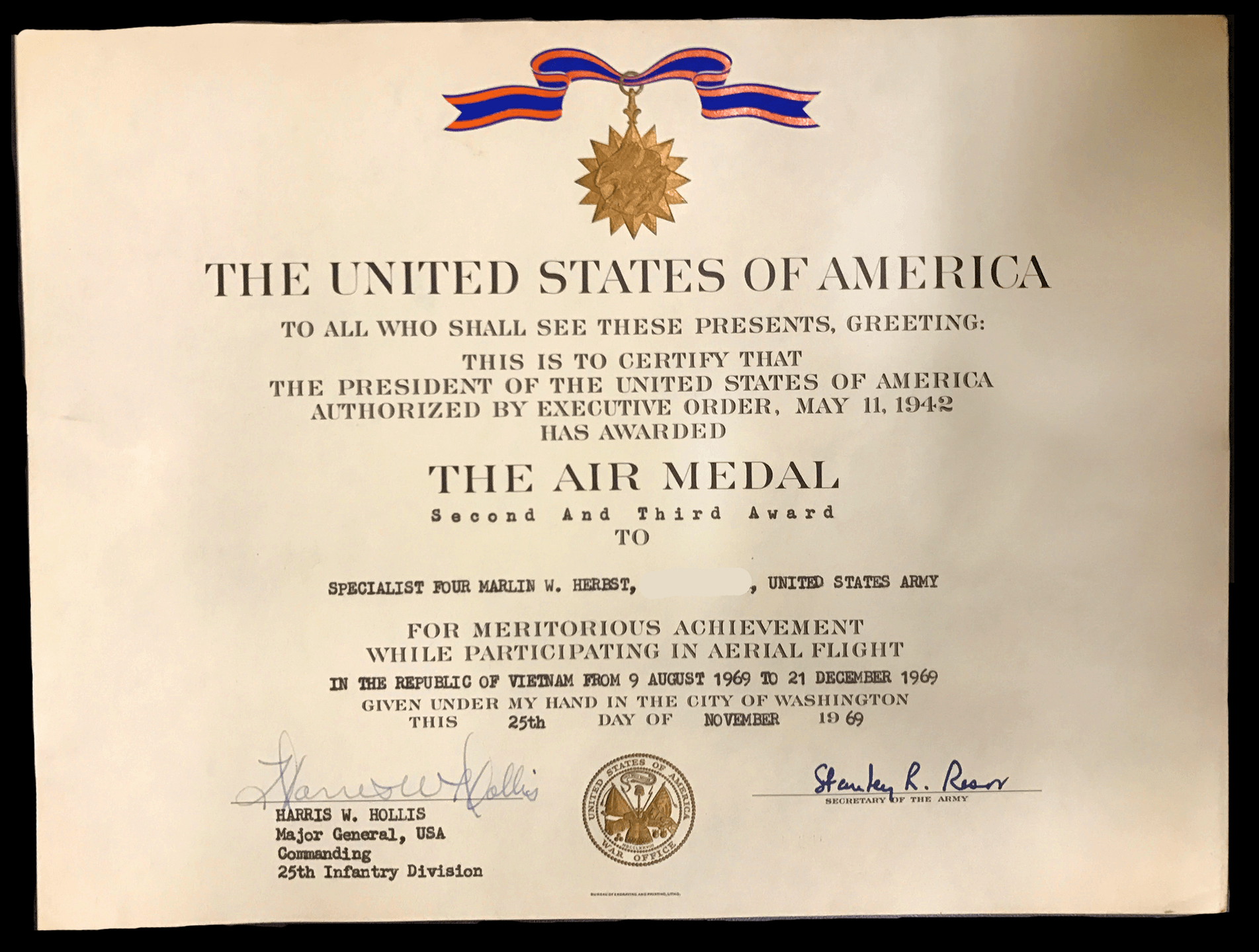 Certificate for an Air Medal, presented to Marlin Herbst on 11-25-1969.