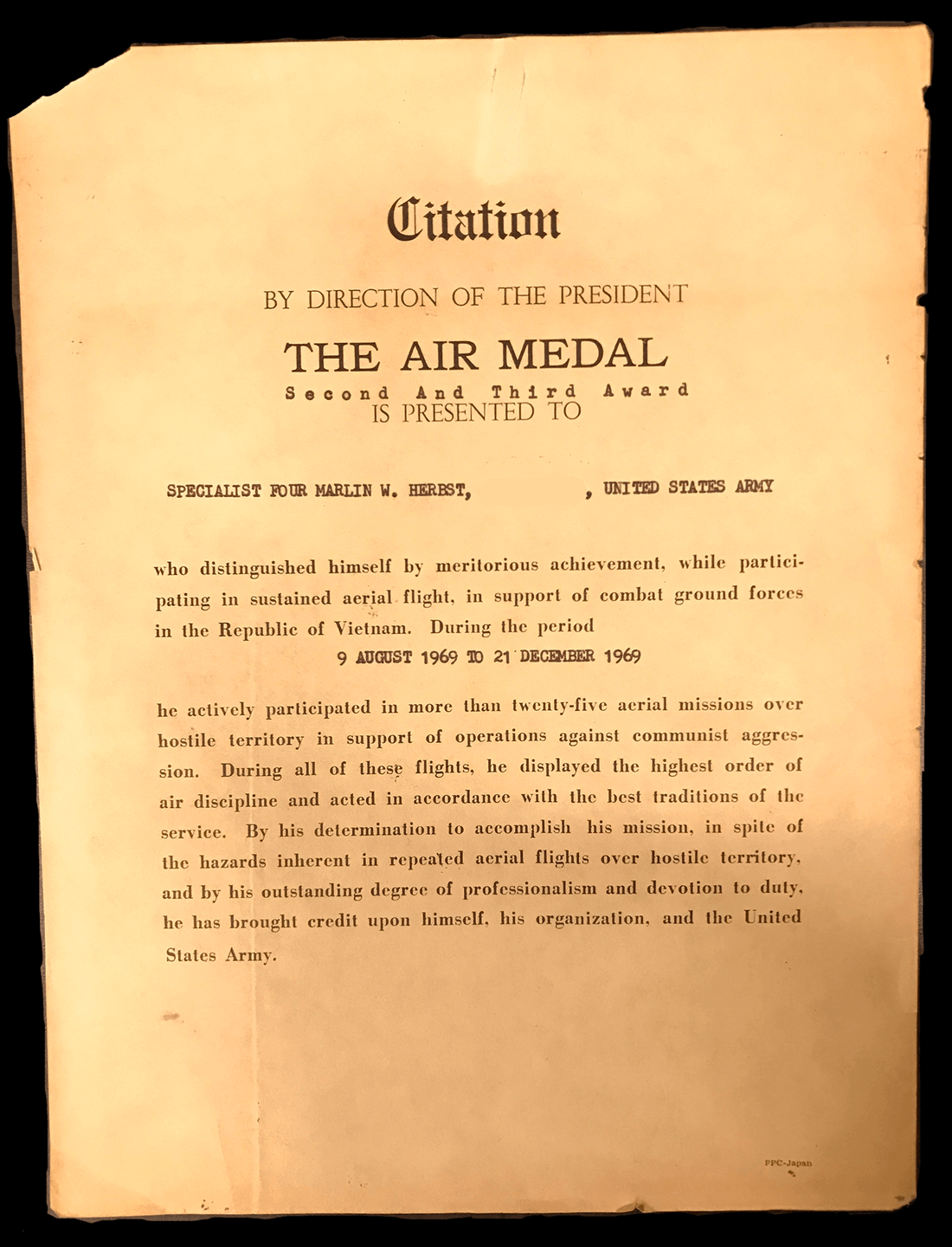 Citation for an Air Medal, presented to Marlin Herbst for period of 8-9-1969 through 12-21-1969.