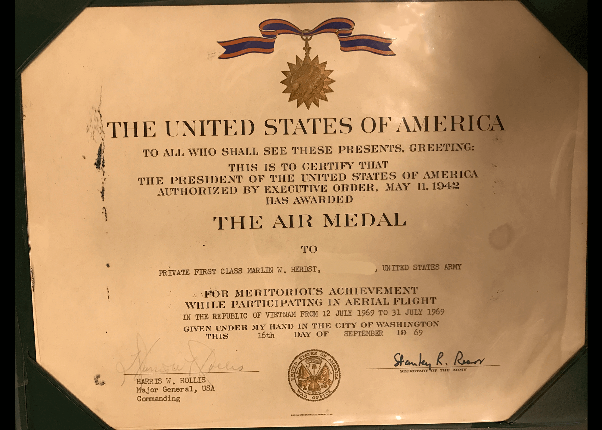 Citation for an Air Medal, presented to Marlin Herbst on 9-16-1969.
