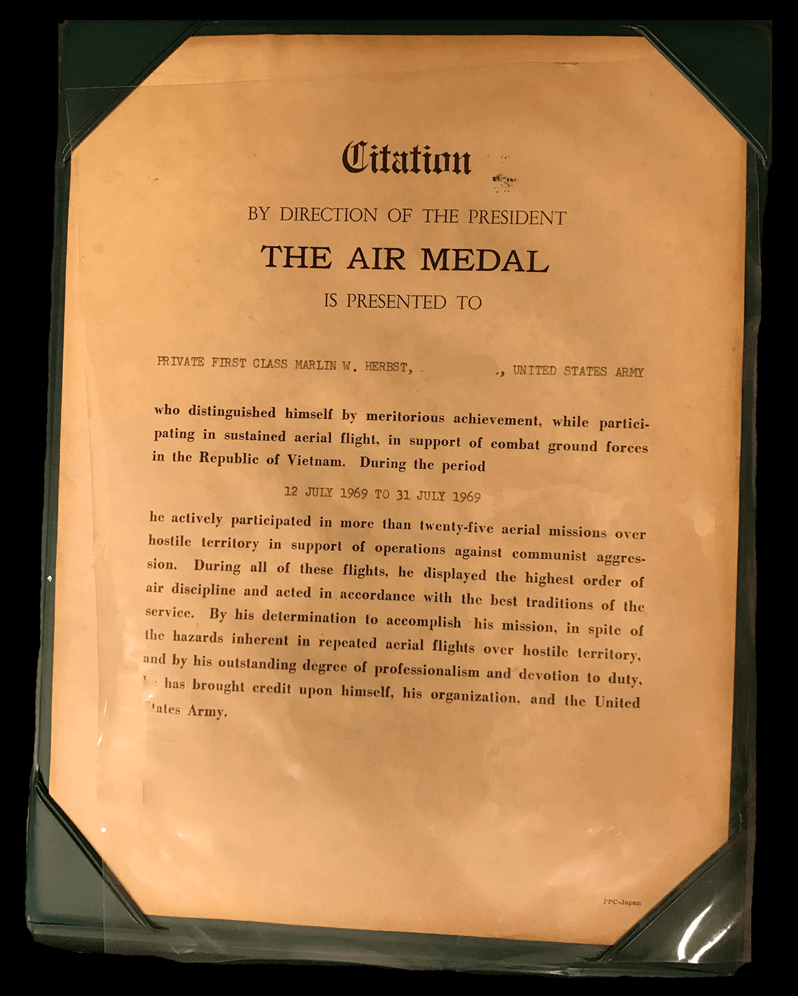 Citation for an Air Medal, presented to Marlin Herbst for period of 7-12-1969 through 7-31-1969.