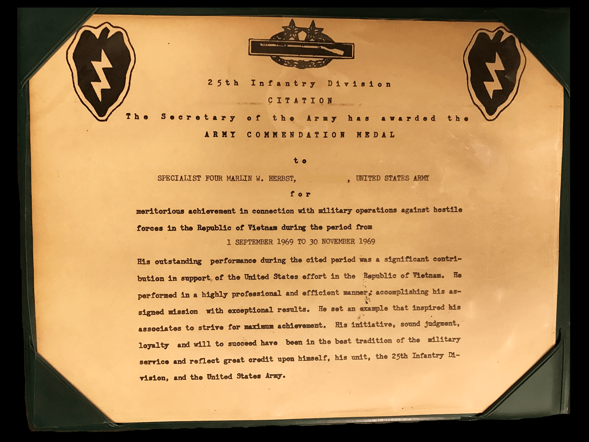 Citation for an Army Commendation, presented to Marlin Herbst for period of 9-1-1969 through 11-30-1969.