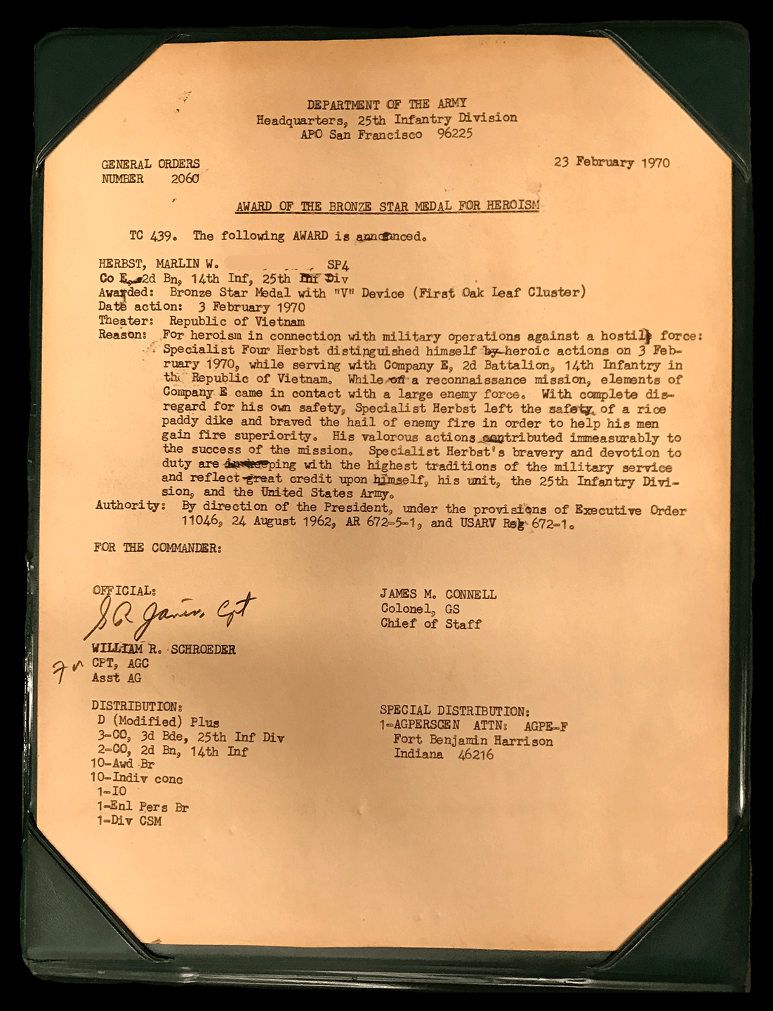 Citation for a Bronze Star, presented to Marlin Herbst for action on 2-3-1970.