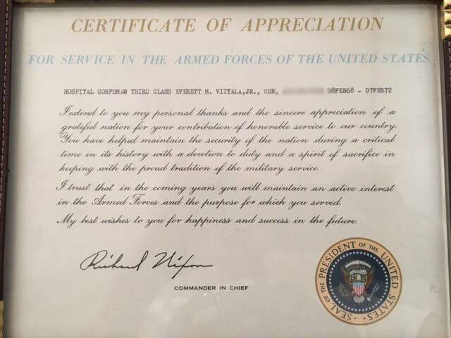Photo of a framed certificate of appreciation: for service in the armed forces of the United States.