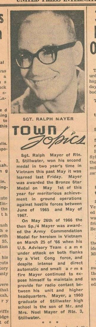 clipping from a Stillwater newspaper of Sgt. Ralph Mayer's second medal of honor: a Bronze Star.
