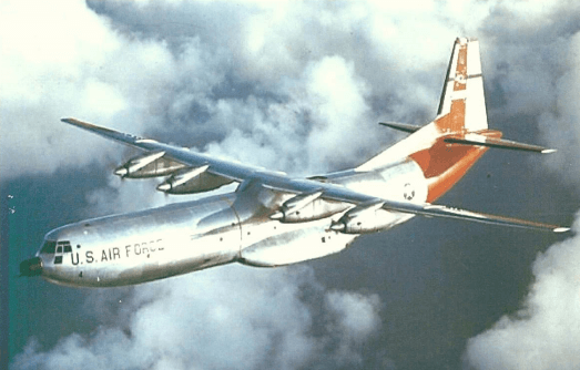 U.S. Air Force C-133 plane in the sky.