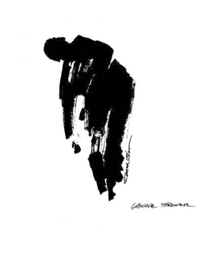 An abstract black ink painting of a soldier bent sideways.
