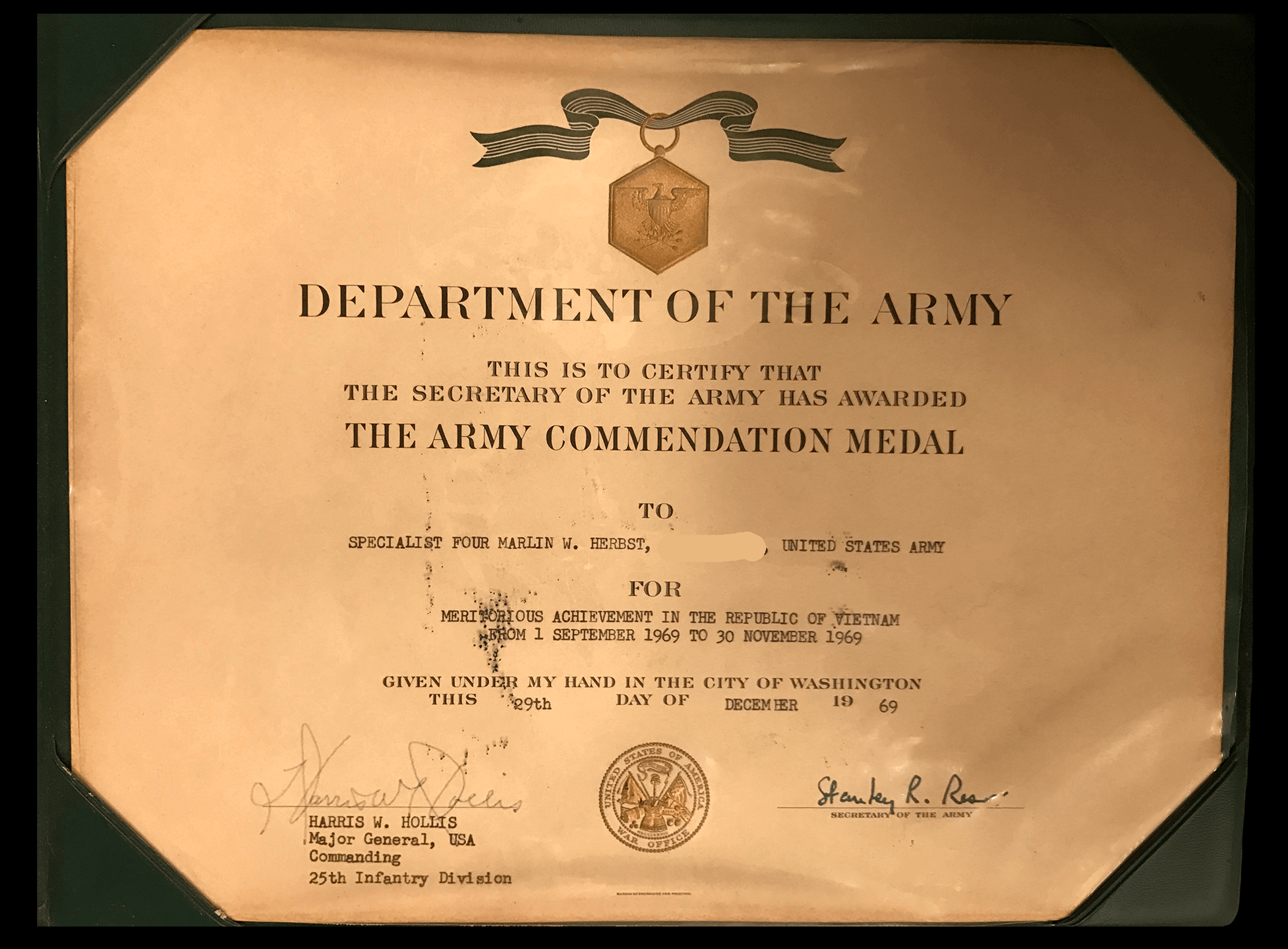 Certificate for an Army Commendation Medal, presented to Marlin Herbst for the period of 9-1-1969 through 11-30-1969.