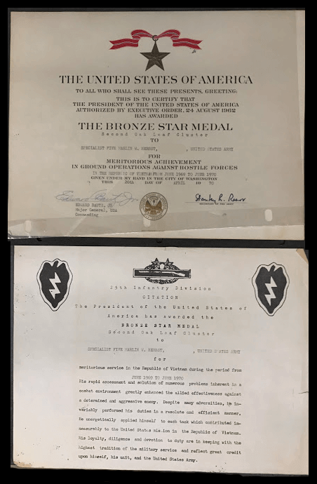 Certificate and Citation for a Bronze Star Medal, presented to Marlin Herbst on 4-26-1970.