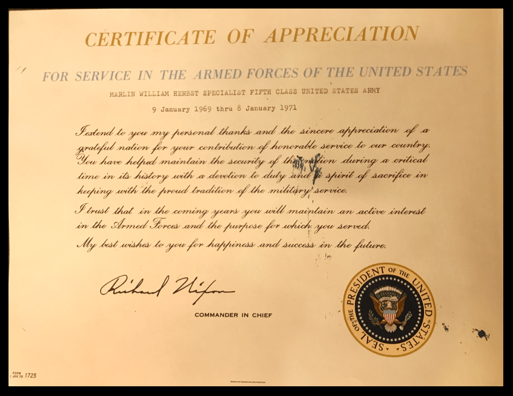 Certificate of Appreciation signed by Richard Nixon for the period of 1-9-1969 through 1-8-1971.