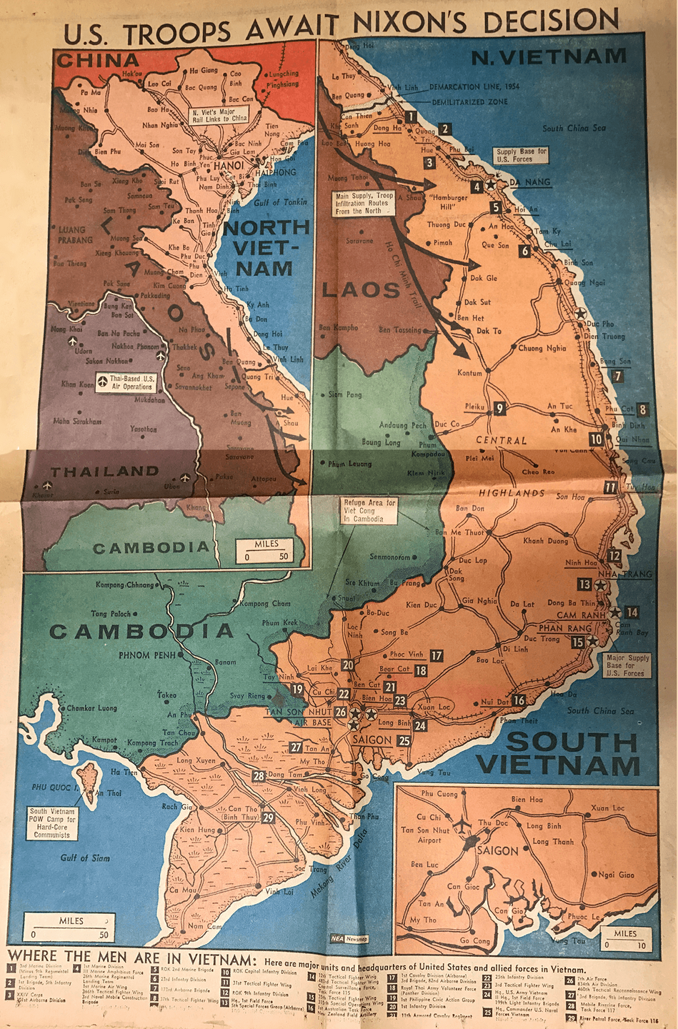 Map of southeast Asia, text at top reads: "US Troops Await Nixons Decision."