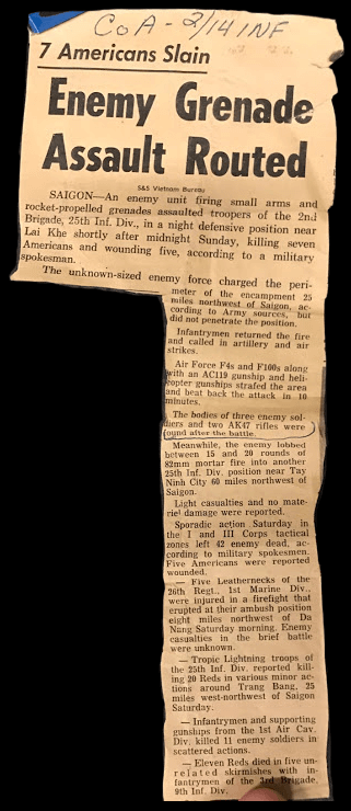 News Clipping, "Enemy Assault Routed," from the S&S Vietnam Bureau.