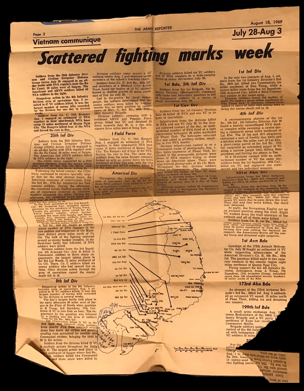 News clipping August 18, 1969, "Scattered Fighting Marks Week," from The Army Reporter.