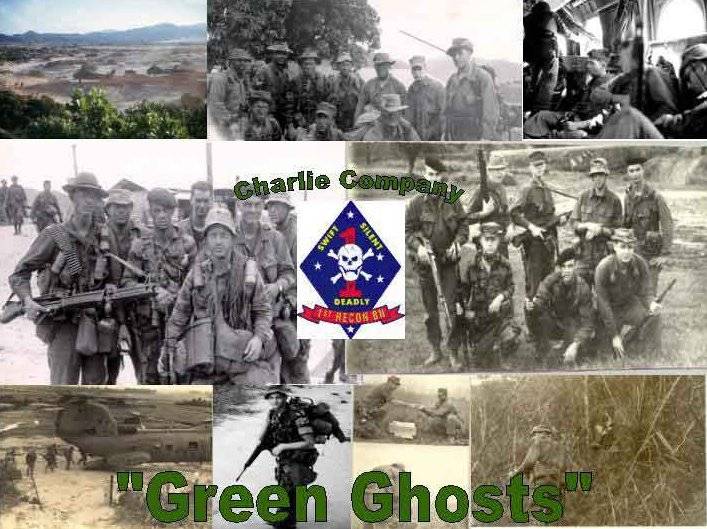 A photo collage with text that says "Charlie Company, Green Ghosts. Swift. Silent. Deadly. 1st Recon Bn."