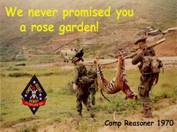Two soldiers carrying a dead tiger bound by the paws on a pole. Text says: "We never promised you a rose garden! Camp Reasoner 1970." 1st Recon BN insignia in the lower left corner.