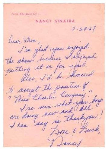 A signed short note from Nancy Sinatra, thanking Charlie Company for their work.