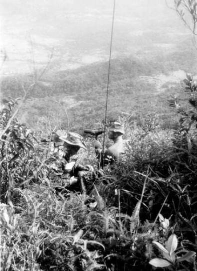 Soldiers crouching in brush, overlooking a valley.