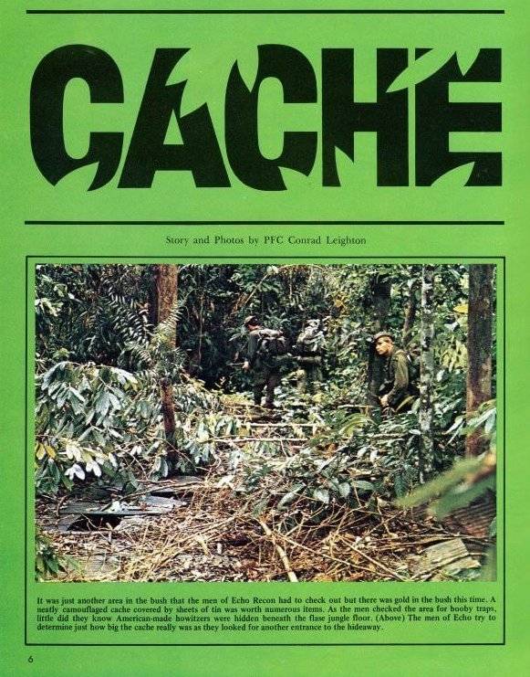 Front page of a magazine spread. "CACHE" is in bold letters and it stylized to be partially hidden behind leaves. The photo is if of three soldiers in the jungle on a mission. The spread is on a bright green background.