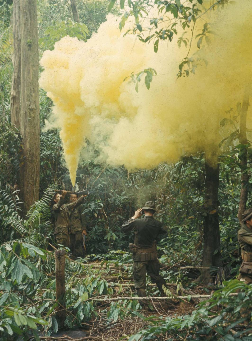 Soldiers and yellow grenade smoke in the jungle.