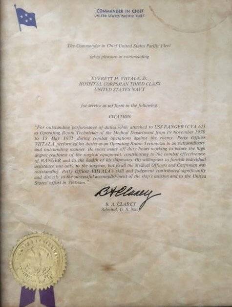 Official commendation letter from B.A. Clarey, U.S. Navy Admiral.