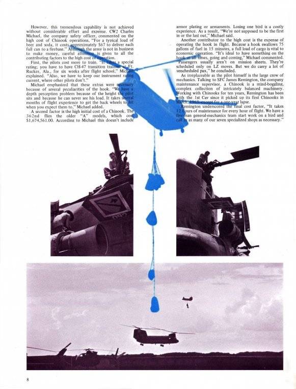 A newspaper article featuring Vietnam War coverage and Chinook helicopters.