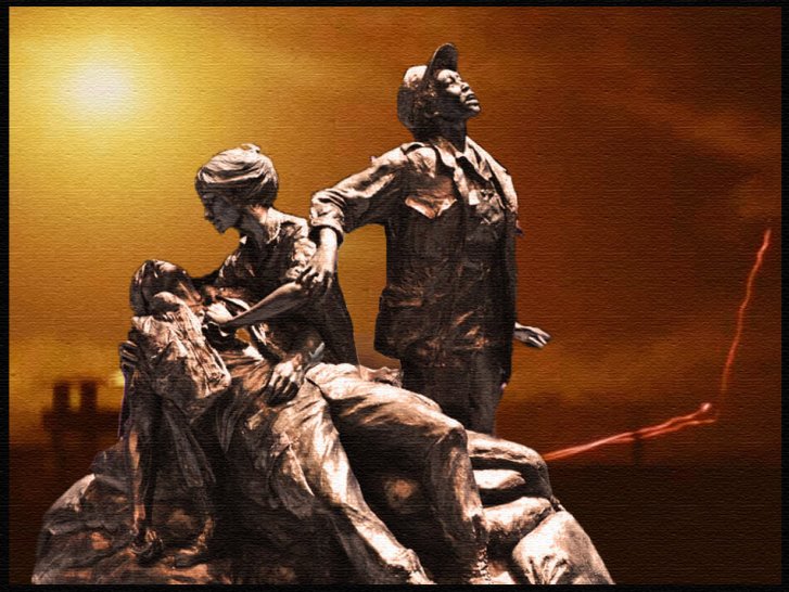 Bronze statue of soldiers with a nurse, photoshopped against an orange sunset.