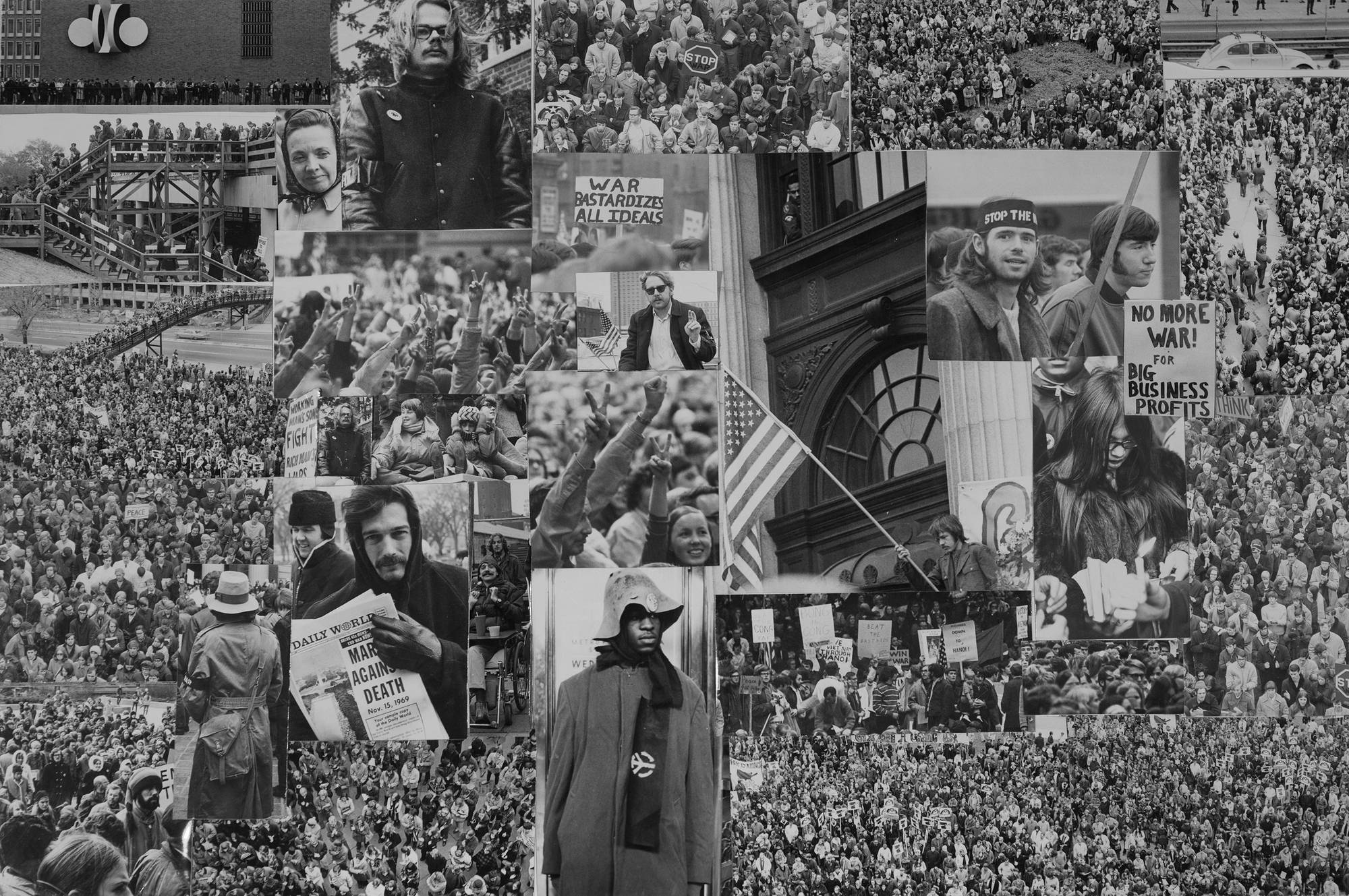 Black and white photo collage of student protests. Signs say "No more war for big business profits" and "War bastardizes all ideals."
