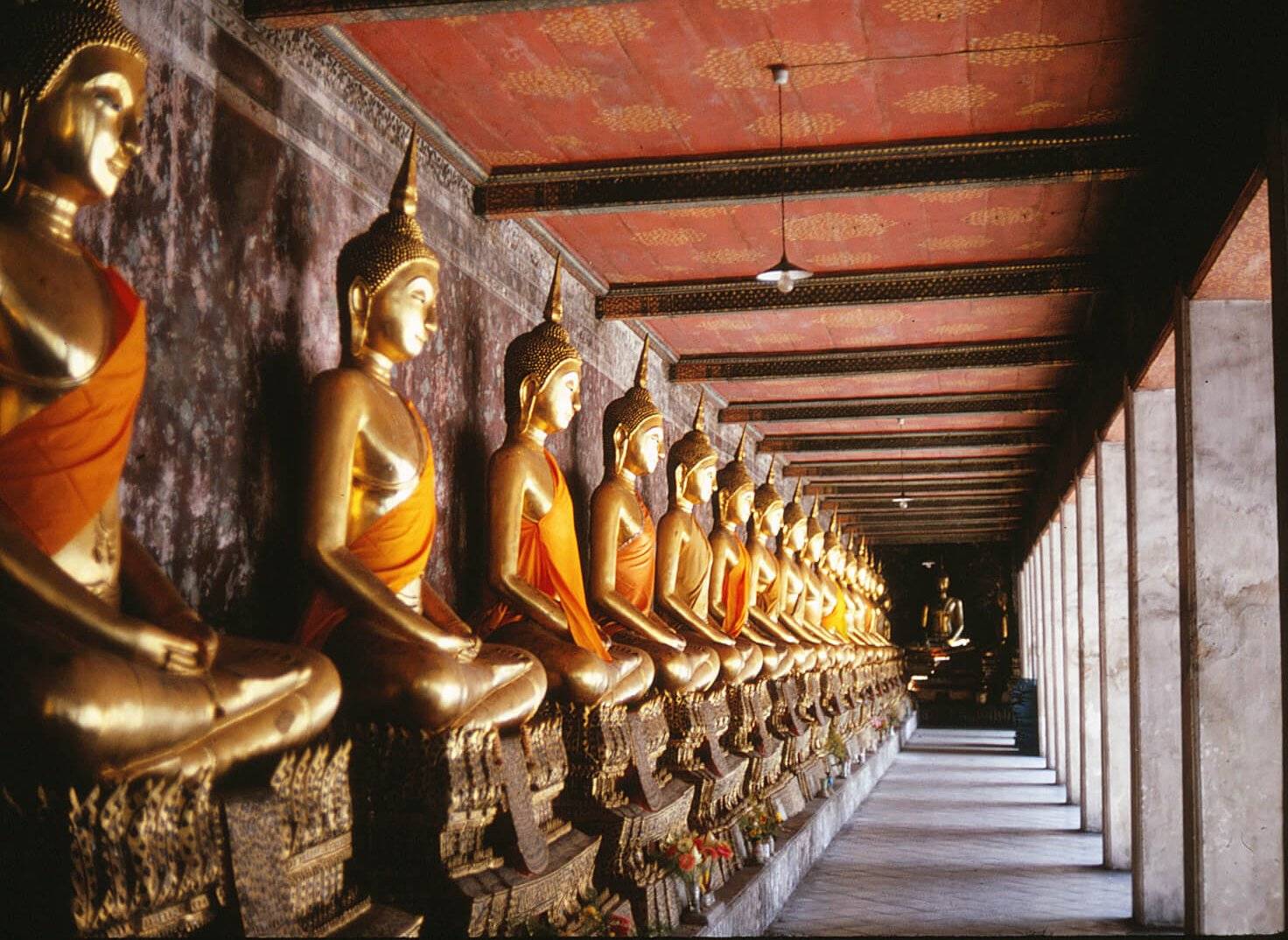 A row of gilded statues, all seated cross-legged and with an orange sash across their torsos.