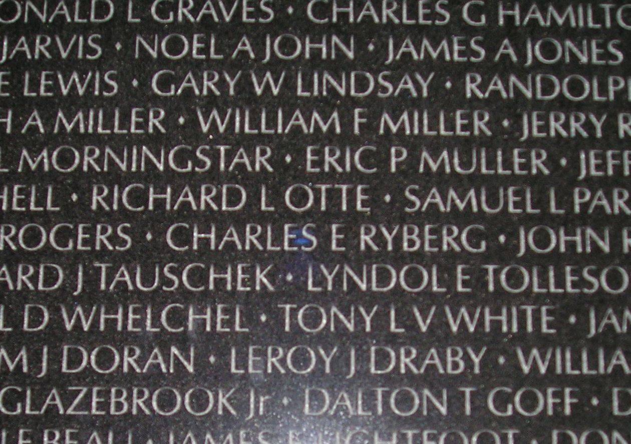 A close up on the Vietnam War Memorial, Charles E Ryberg's name is at center.