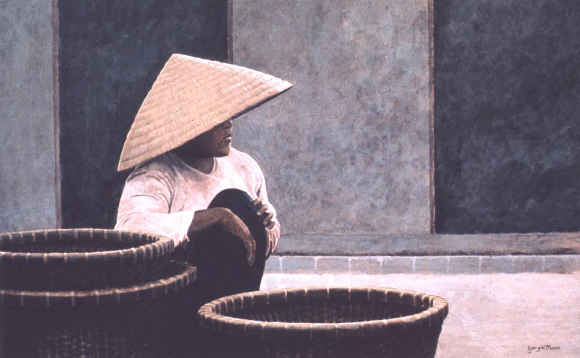 Painting of a Vietnamese vendor crouched down by baskets, wearing a conical straw hat.