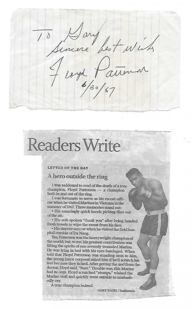 Floyd Patterson autograph and original newspaper clipping.