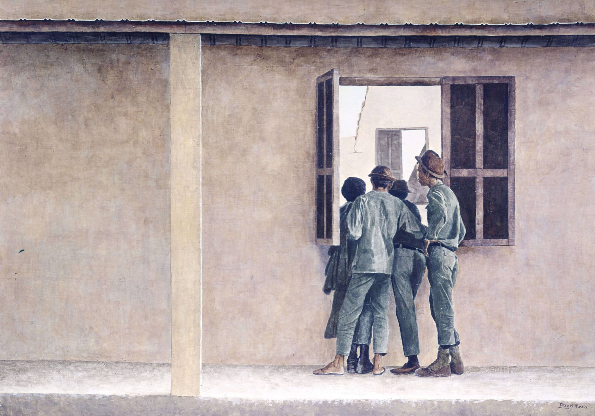 Four Asian soldiers, one in flip flops, peering into a shuttered window.
