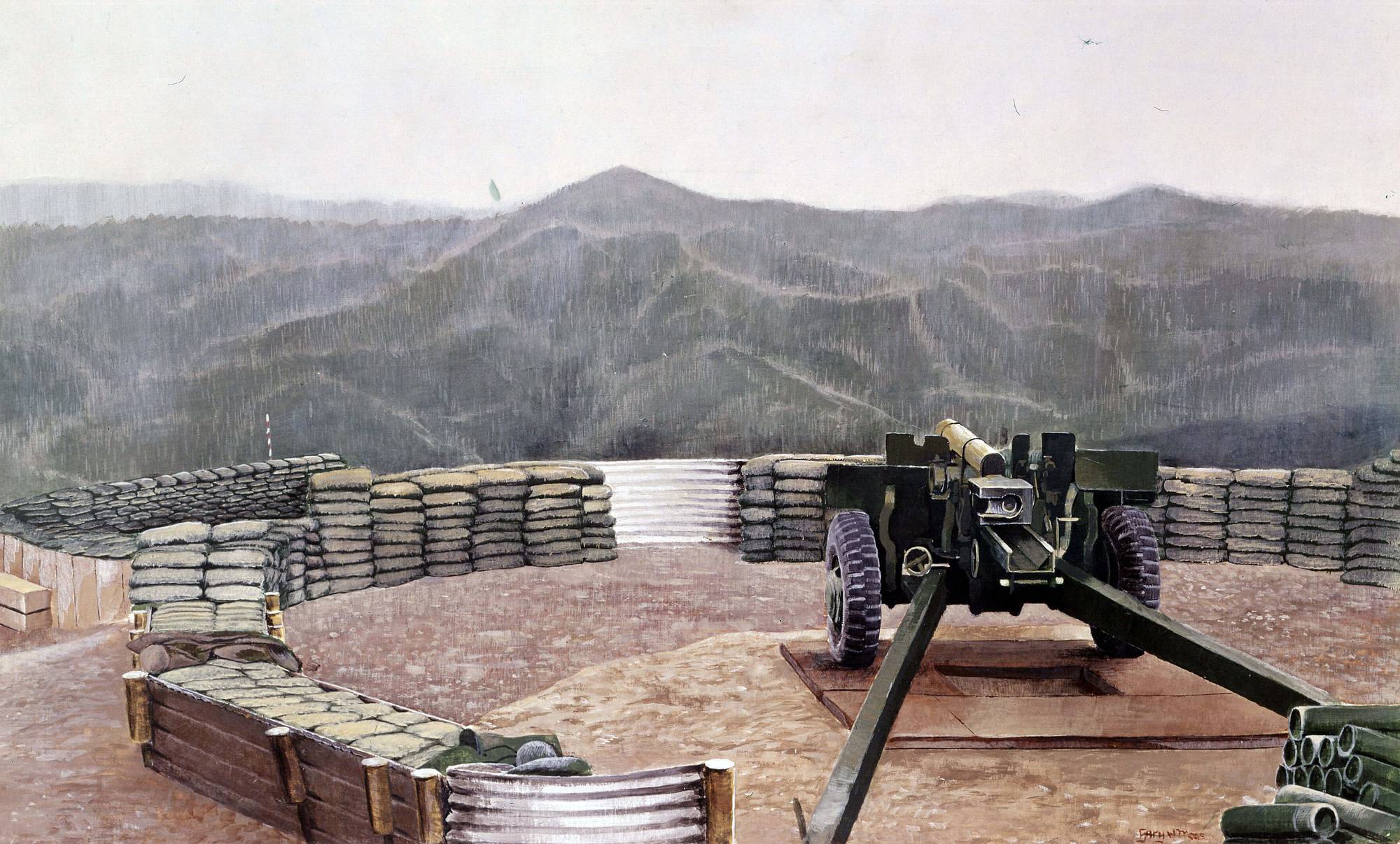 Artistic rendering of a mortar base elevated in the mountains; a cannon in the middle of a rounded wall of corrugated steel and sandbags.
