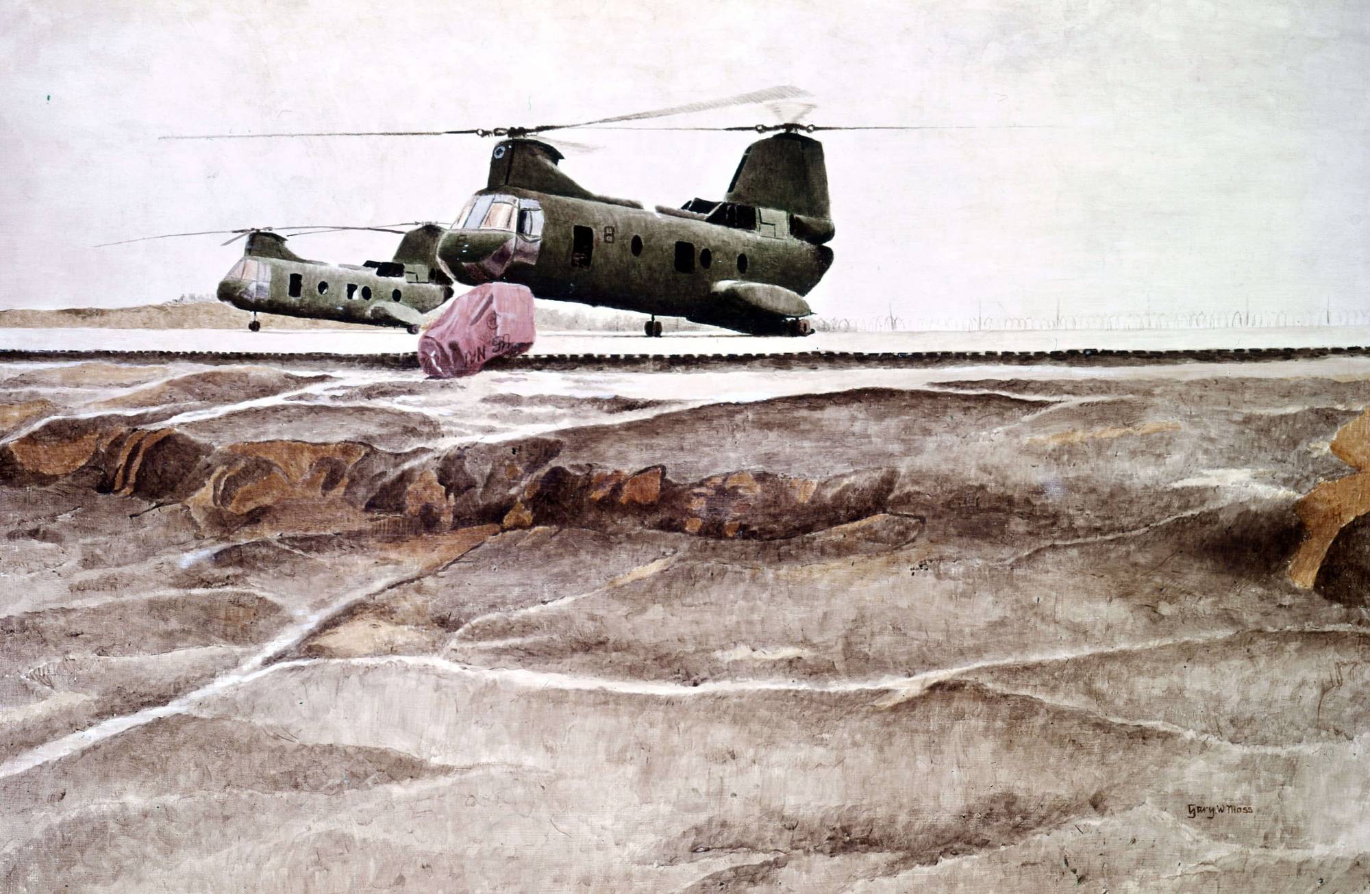 Artistic rendering of two Chinook helicopters on the ground on a dirt expanse.