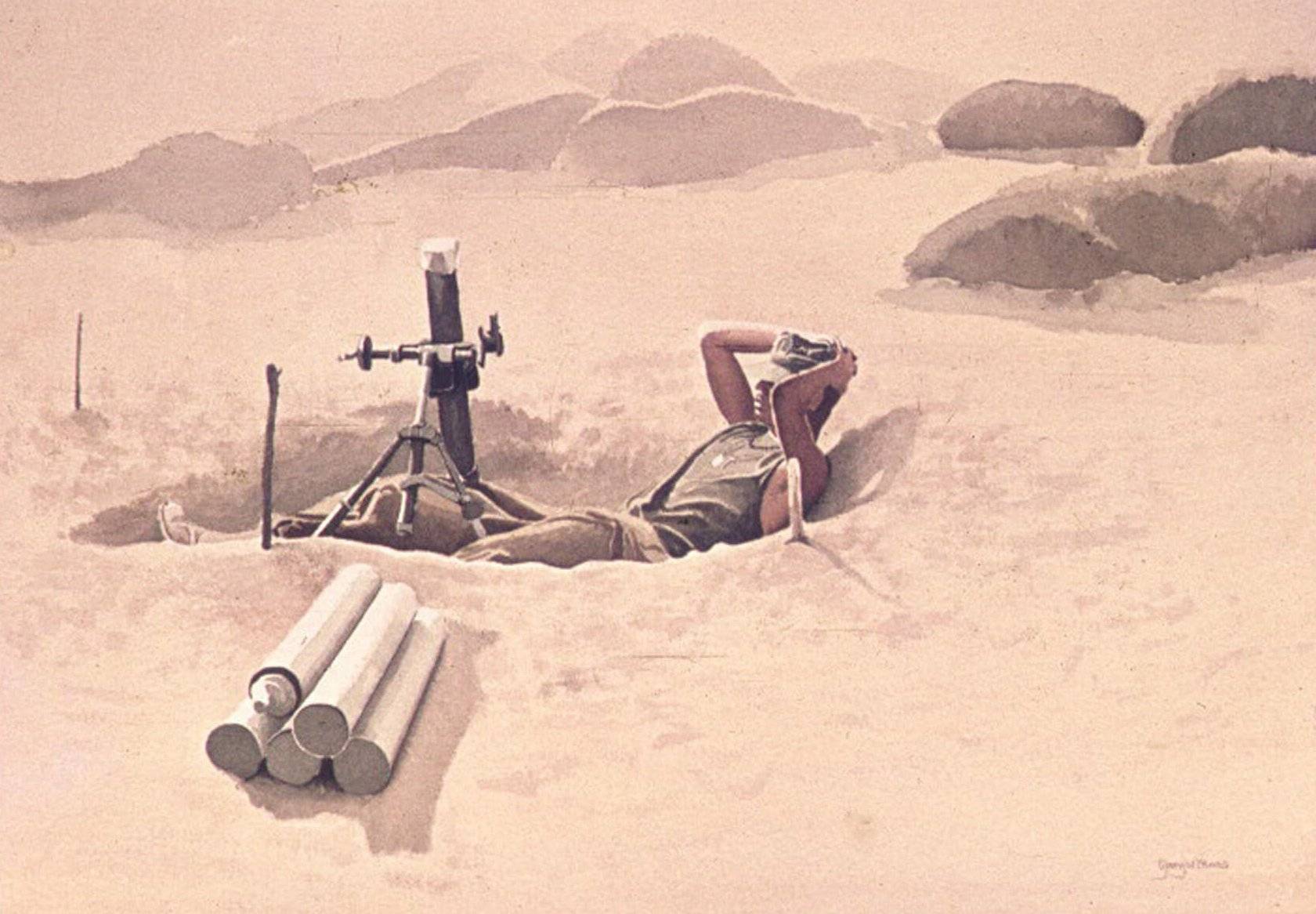 Artistic rendering of a soldier reclined with his hands behind his head, in a pit with a mortar cannon, unused mortars piled up near him.