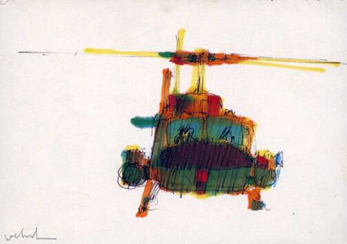 A rendering of a helicopter nose-on against a white sky.