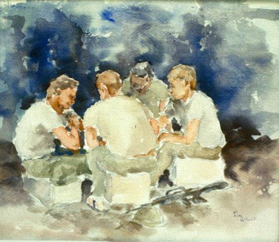 Watercolor of four soldiers facing each other, heads turned slightly down.