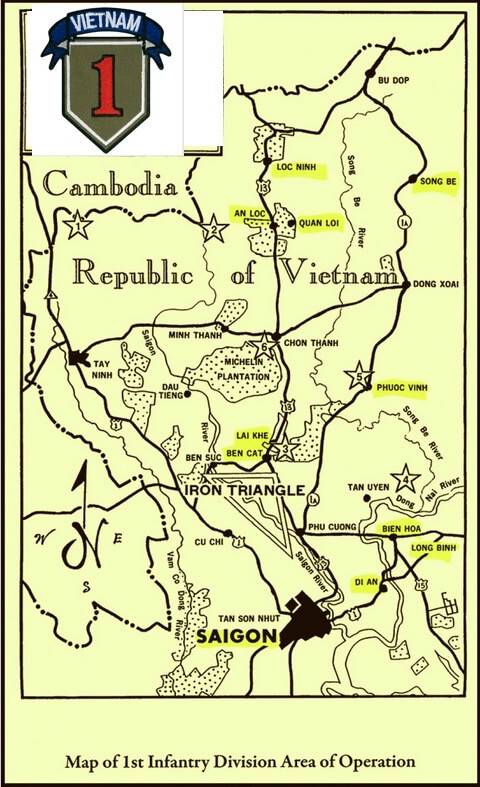 A yellow map of the 1st Infantry Division Area of Operation.