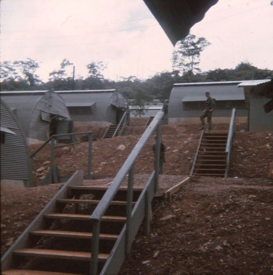Stairs leading up to a barracks.
