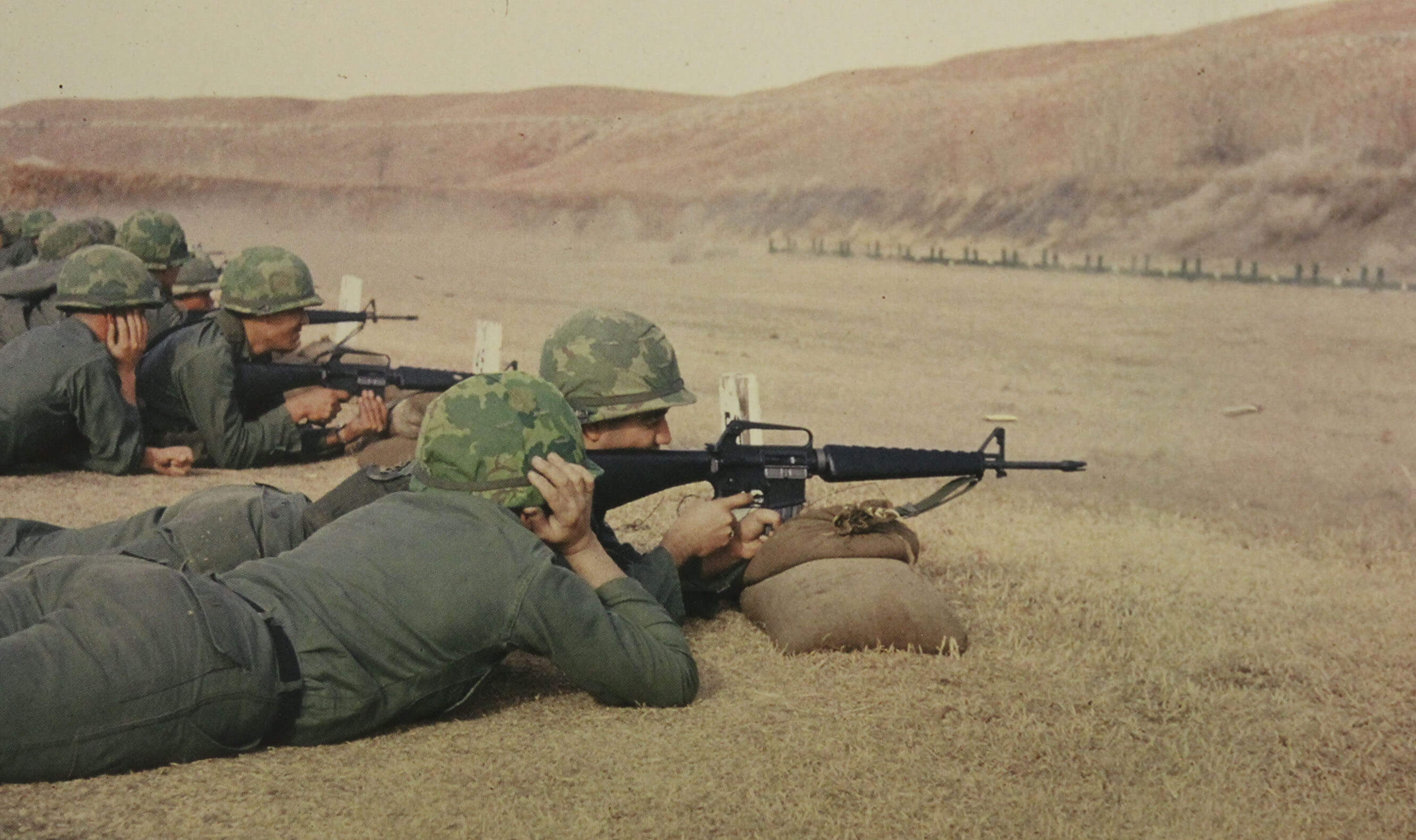 Rows of soldiers on their bellies, taking aim with their rifles at far away targets.